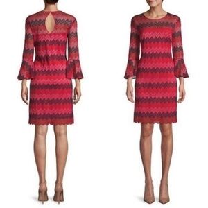 NWT Trina Turk Lovey Red & Black Chevron Bell Sleeve Dress Size 0